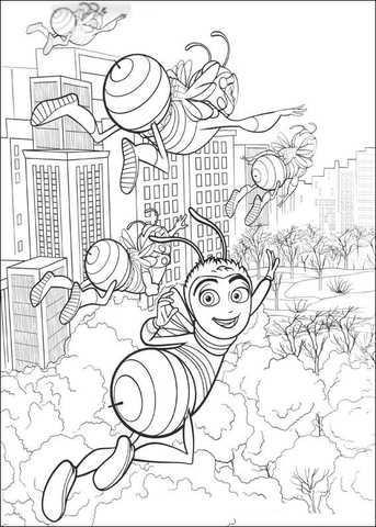 Bees Flying Over The City Coloring Page